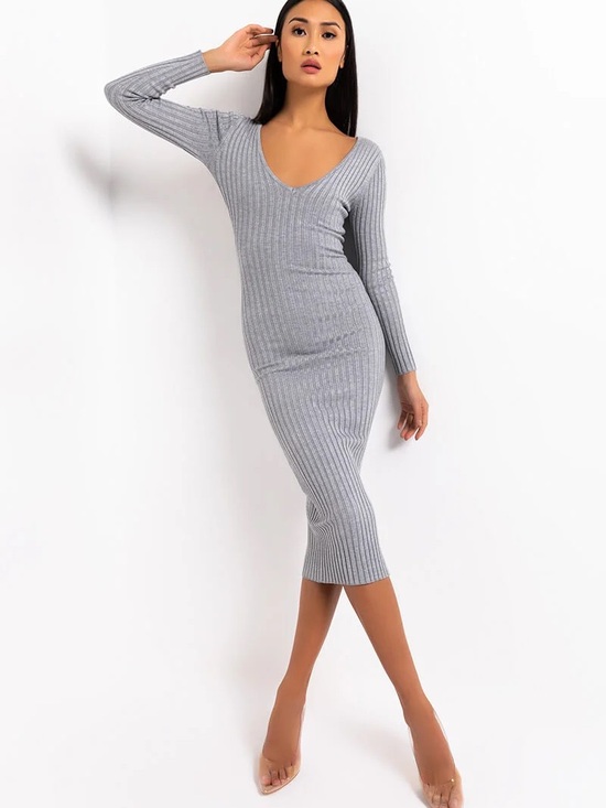 AKIRA Dresses & Skirts - AKIRA Heather Gray Ribbed Knit Long Sleeve Bodycon Midi Dress | Small